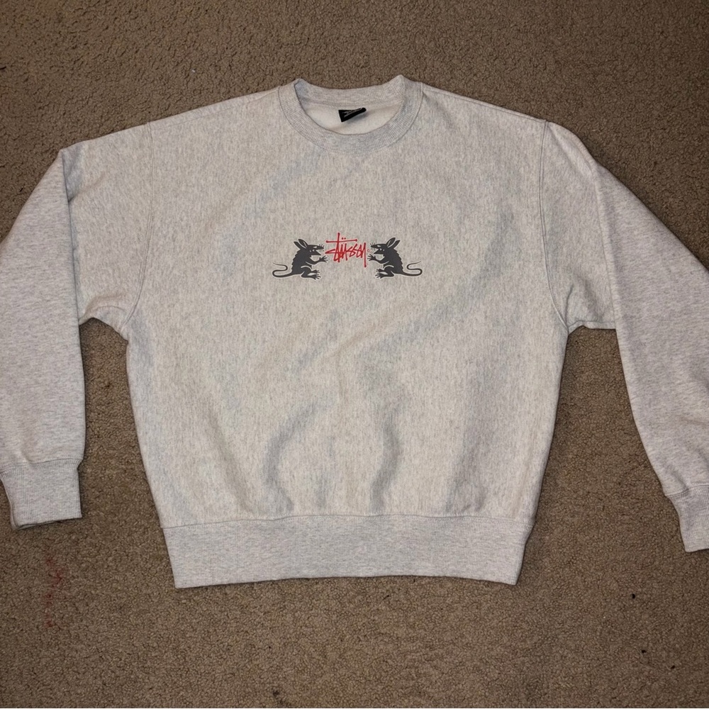 Stussy Light Gray Crewneck with Red Logo and Black Rat Graphics